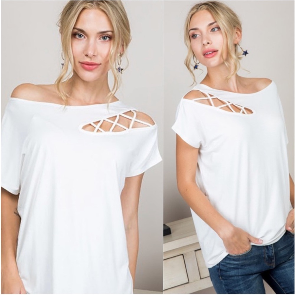 WHITE CRISS CROSS SHOULDER CUT OUT SHORT SLEEVE TOP